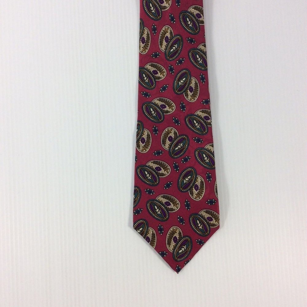 Stonehenge Mens Tie 4 in W x L 56 Silk Burgundy Silver Green Purple Geometric - Picture 3 of 10